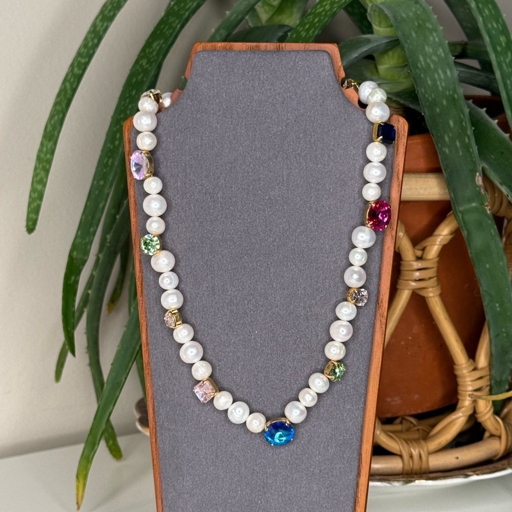 Martha Calvo Pearl Crystal Charm Necklace Gold Multicolor Statement 18” - Picture 2 of 9